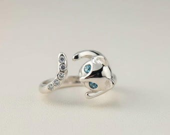 Sterling Silver Genuine Blue Topaz & Cubic Zirconia Cat Wrap Ring