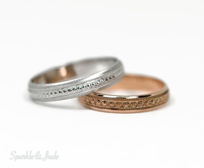 14K Rose Yellow or White Gold Solid 3mm Wide Sparkling Etched Design Wedding Eternity Band