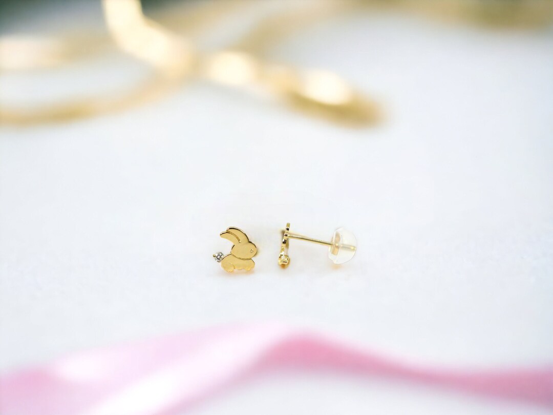 14k Yellow Gold Solid Bunny Rabbit With Small Cubic Zirconia Post Stud ...