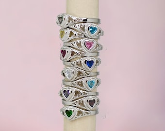 Sterling Silver Heart Filigree Ring – Children's Birthstone CZ Jewelry