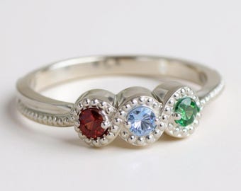 Personalized Family Birthstone Beaded Swirl Mother's Family Ring Sterling Silver; Solid 10k, 14k White, Yellow Gold