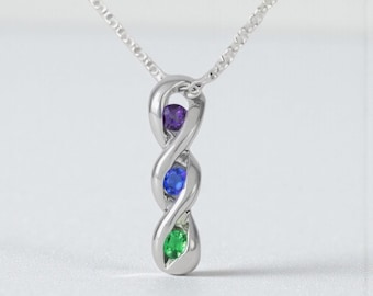 Personalized 3-Stone Round Birthstone Vertical Swirl Twist Pendant Necklace with 2.80 mm Stones - Sterling Silver or Solid 14k Gold
