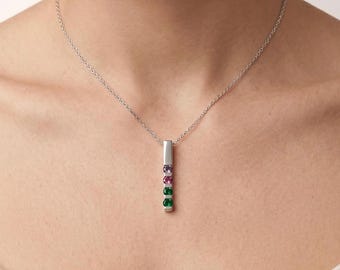 Vertical Bar Channel Birthstone Mother's Family Pendant or Necklace 1 2 3 4 or 5 Stones Sterling Silver Solid 10k 14k Gold