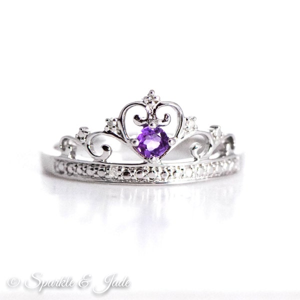 Sterling Silver Genuine Diamond And Round Amethyst Princess Tiara Crown Ring