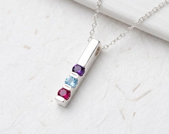 Birthstone Family Pendant or Necklace Vertical Bar, Channel Set Round Stones - 925 Sterling Silver or Solid 10k or 14k Gold