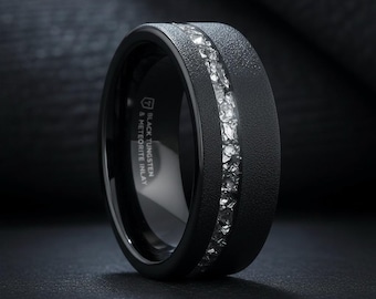 Sandblasted Black Tungsten Ring with Meteorite Fragments Inlay - 8mm - Abyss - Wedding Band