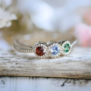 Personalized Family Birthstone Beaded Swirl Mother&#39;s Family Ring Sterling Silver; Solid 10k, 14k White, Yellow Gold
