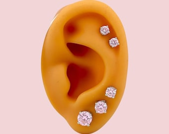 Light Pink Round Stud .925 Sterling Silver Earrings - 3mm, 4mm, 5mm, 6mm or 7mm - October Birthstone