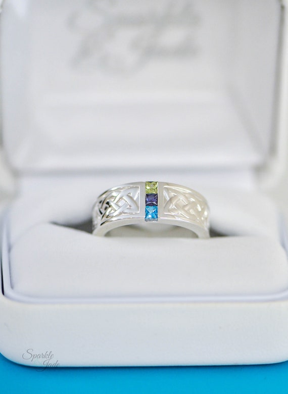 Men's Family Birthstone 3 Stone Channel Set Celtic Design Ring Men's Family Birthstone 3 Stone Channel Set Celtic Design Ring