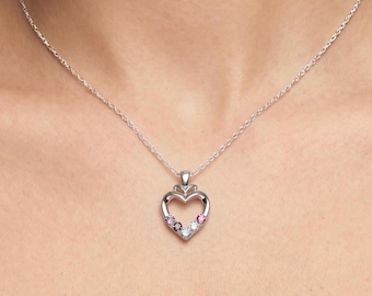 Personalized 1 2 3 4 or 5 Birthstone Family Heart Pendant Necklace in Sterling Silver; Solid 14k White Rose or Yellow Gold