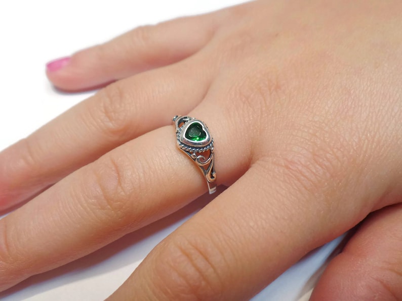 Sterling Silver Children's Birthstone CZ Heart Filigree Ring Various Colors and Sizes Available May - Emerald Green