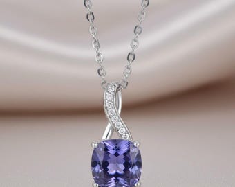 Sterling Silver Infinity Style Cushion Square Tanzanite CZ Pendant