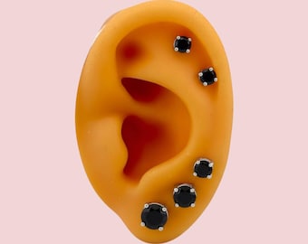 Black Stud .925 Sterling Silver Earrings - 2mm, 3mm, 4mm, 5mm, 6mm or 7mm - Cubic Zirconia