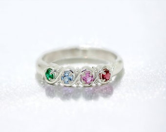 Personalized Sterling Silver; Solid 10k 14k White or Yellow Gold 2 3 4 or 5 Stone Mothers Birthstone Ring