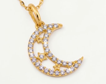 10k Yellow Gold Clear CZ 10mm Small Moon and Stars Charm Pendant