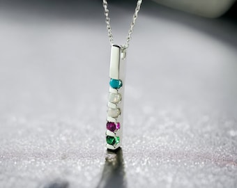 Vertical Bar Channel Birthstone Mother's Family Pendant Necklace 1 2 3 4 or 5 Stones Sterling Silver Solid 10k 14k Gold