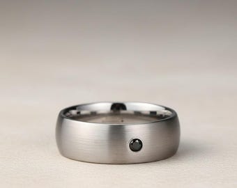 Tungsten Carbide Brushed Finish Domed Ring with Black Diamond - 6mm or 8mm - Perseid