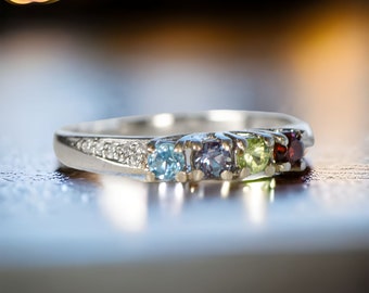 14k White or Yellow Gold Solid Personalized Family Birthstone Genuine Natural Diamond Accented Mother's Ring with 1 2 3 or 4 Stones