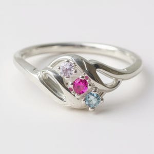 Diagonal Swirl Family Birthstone Mother&#39;s Ring w 1 2 3 4 or 5 Stones Sterling Silver; Continuum S; solid 10k, 14k White, Yellow or Rose Gold
