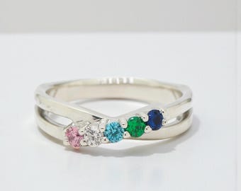 Personalized Diagonal Infinity Inspired Mother's Family Birthstone Ring in Sterling Silver 10k or 14k White Rose Yellow Gold 1 2 3 4 5 or 6