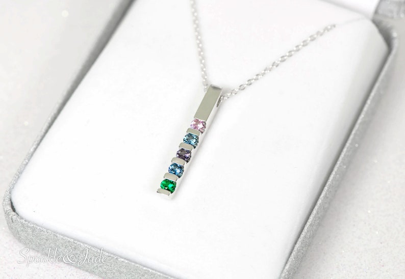1, 2, 3, 4 or 5 Stones Vertical Bar Channel Set Birthstone Family Pendant Necklace Sterling Silver or Solid 10k 14k White Yellow Rose Gold image 4