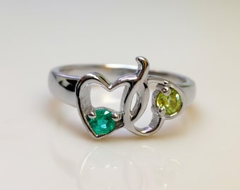 2 Stone Personalized .925 Sterling Silver or Solid 14k White or Yellow Gold Heart Design Couple’s or Mother’s Family Custom Birthstones