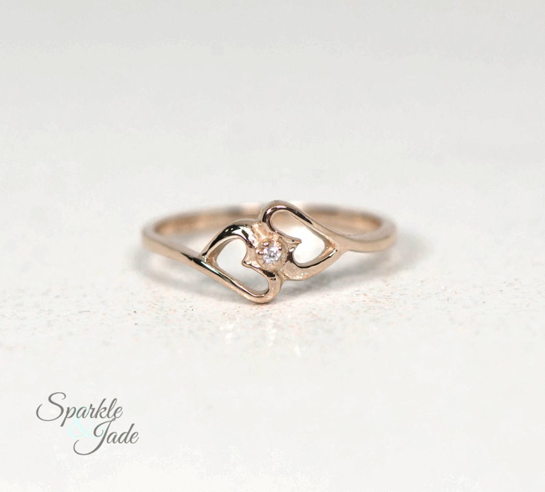 14k Rose Gold Genuine 1.20mm Round Diamond Double Petite Heart Ring