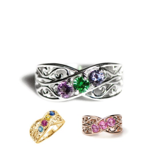 Personalized Filigree Mother s Family Birthstone Ring 1 2 3 4 5 Stones in Sterling Silver Continuum Solid 10k 14k White Yellow Rose Gold Etsy Canada