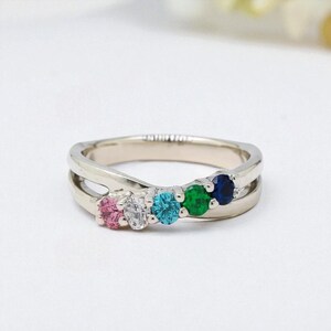 Personalized Diagonal Infinity Inspired Mother&#39;s Family Birthstone Ring in Sterling Silver 10k or 14k White Rose Yellow Gold 1 2 3 4 5 or 6