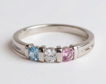 Personalized Ridged Edge Band Channel Set Birthstone Mother's Family Stackable Ring Sterling Silver or Solid 10k 14k White Yellow Rose Gold