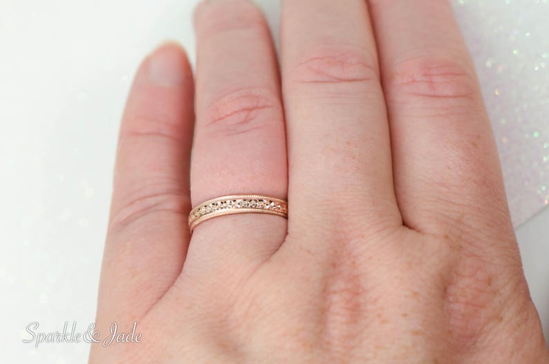 14K Rose Yellow or White Gold Solid 3mm Wide Sparkling Etched Design Wedding Eternity Band