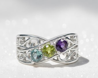 Filigree Mother's Family Birthstone Ring 925 Sterling Silver or Solid 10k or 14k Gold
