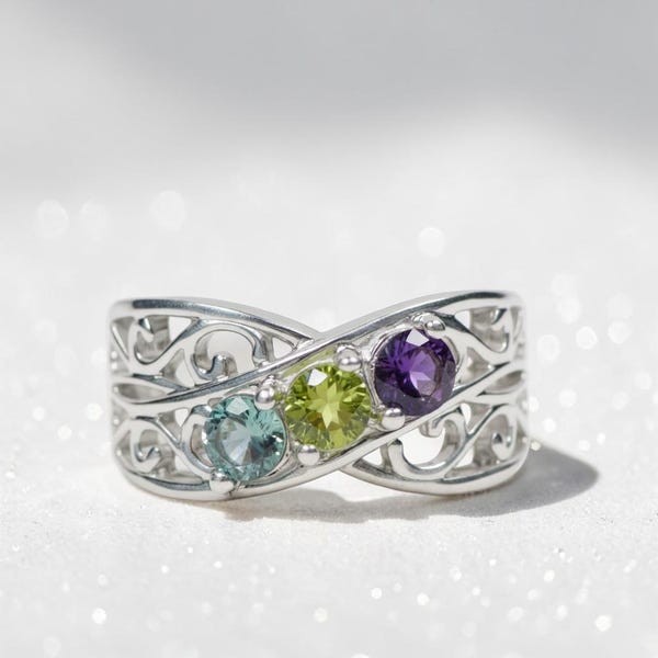 Filigree Mother's Family Birthstone Ring 925 Sterling Silver or Solid 10k or 14k Gold