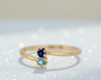 10k or 14k White or Yellow Gold Solid Petite Personalized 2-Stone Birthstone Ring for Couples or Mothers Family Ring