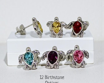 12 Birthstone Options | Sterling Silver Birthstone Turtle Stud Earrings