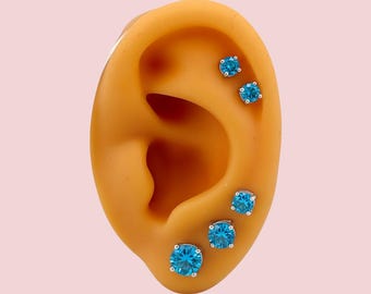 Bright Swiss Blue Aqua Stud  .925 Sterling Silver Earrings - 3mm, 4mm, 5mm, 6mm or 7mm - December Birthstone