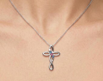 1 2 3 4 or 5 Stone Personalized Cross Mother's Family Birthstone Pendant Sterling Silver 14k White Rose Yellow Gold | Chain Sold Separately
