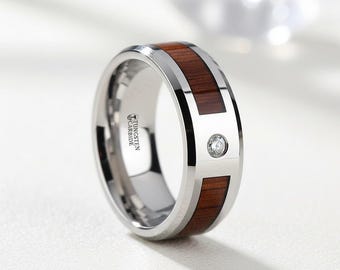 Tungsten Carbide Beveled Edged Diamond Wedding Band with Koa Wood Inlay & Polished Edges - 8mm Kahuna - Wedding Ring