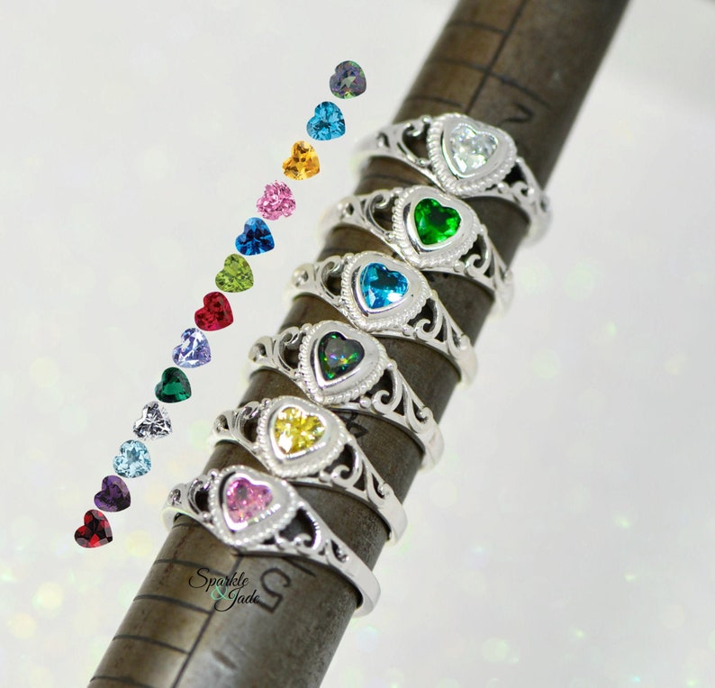 Sterling Silver Children's Birthstone CZ Heart Filigree Ring Various Colors and Sizes Available image 3