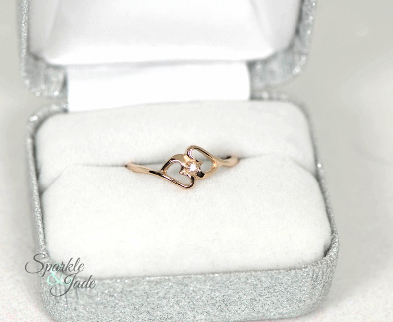 14k Rose Gold Genuine 1.20mm Round Diamond Double Petite Heart Ring