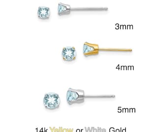 Genuine Aquamarine 14k White or Yellow Gold Solid 3mm 4mm or 5mm Round Stud Earrings