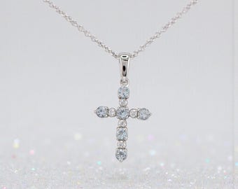 14k White or Yellow Gold Aquamarine and Diamond Cross Pendant - PENDANT ONLY - 14K Yellow Gold Pendant - Natural Diamond Jewelry