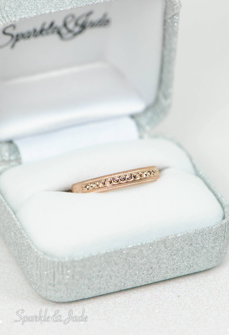 14K Rose Yellow or White Gold Solid 3mm Wide Sparkling Etched Design Wedding Eternity Band