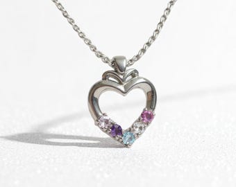 Personalized 1 2 3 4 or 5 Birthstone Family Heart Pendant Necklace in Sterling Silver; Solid 14k White Rose or Yellow Gold