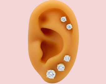 Cubic Zirconia Gold Plated .925 Sterling Silver Earrings - 3mm, 4mm, 5mm, 6mm or 7mm - April Birthstone Imitation Diamond
