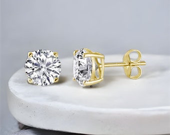 Sterling Silver Yellow Gold Plated Round Cubic Zirconia CZ White Clear Basket Set Earrings