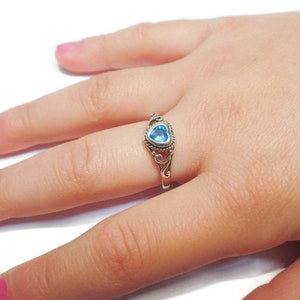 Sterling Silver Children's Birthstone CZ Heart Filigree Ring Various Colors and Sizes Available Dec - Blue Topaz