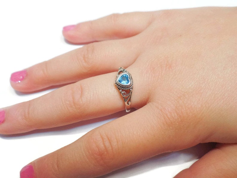 Sterling Silver Children's Birthstone CZ Heart Filigree Ring Various Colors and Sizes Available Dec - Blue Topaz