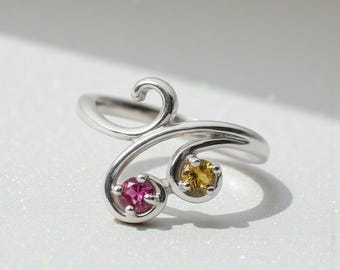 Swirl Statement Mother's Ring Family Birthstone with 1 2 3 4 Stones Sterling Silver; Continuum S; Solid 10k, 14k White, Yellow or Rose Gold