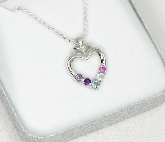 Sterling Silver 3 Stone Custom Simulated Birthstone Heart Pendant 16, 18 or 20